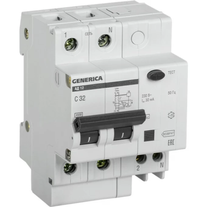 Дифференциальный автомат IEK GENERICA АД12 2Р 32А 30мА MAD15-2-032-C-030 Дифференциальный автомат IEK GENERICA АД12 2Р 32А 30мА MAD15-2-032-C-030