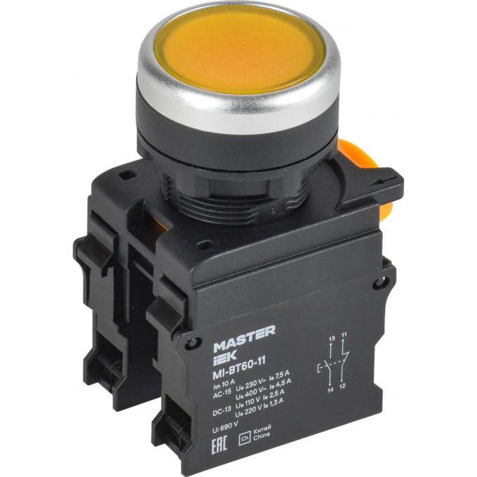 Кнопка IEK MASTER MI-BT60-11-3-22-K05 d=22мм 1NO+1NC жёлтая MI-BT60-111-3-22-K05