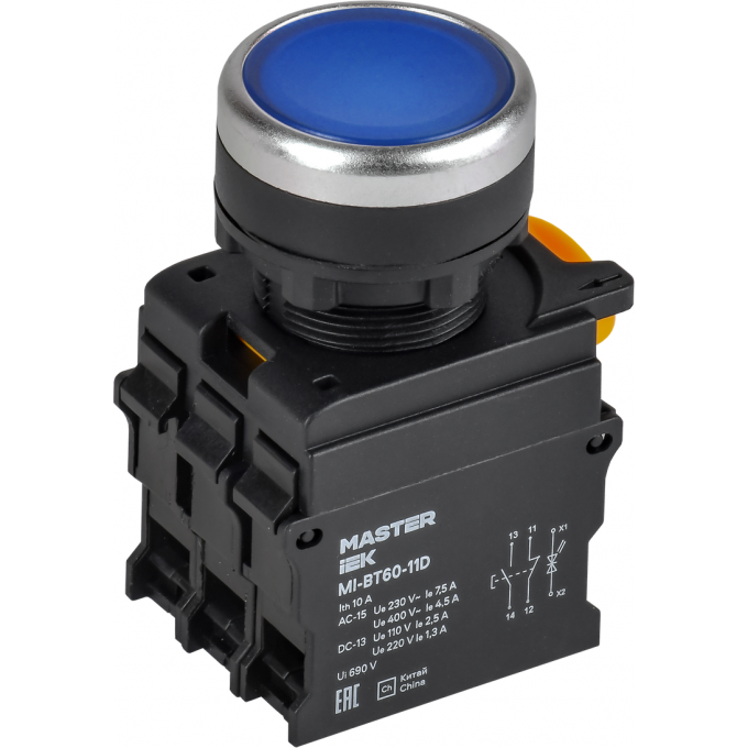 Кнопка с подсветкой IEK MASTER MI-BT60-11D-3-12-K07 d=22мм 1NO+1NC синяя MI-BT60-11D-3-112-K07