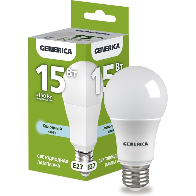 Лампа светодиодная A60 груша 15Вт 230В 6500К E27 GENERICA LL-A60-15-230-65-E27-G